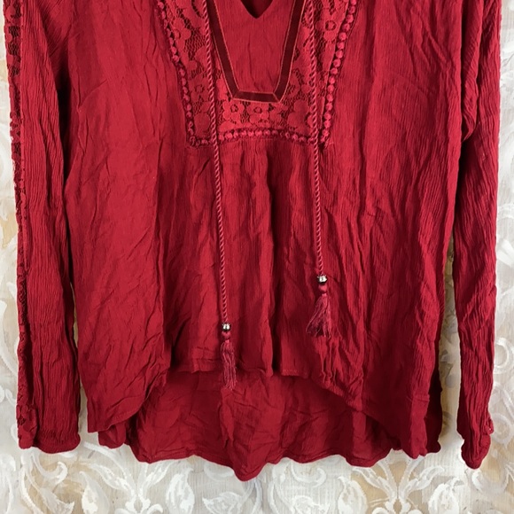 Artesia Boho Chic Peasant Blouse Red Lace trim lace up long sleeve shirt Medium - Picture 3 of 13